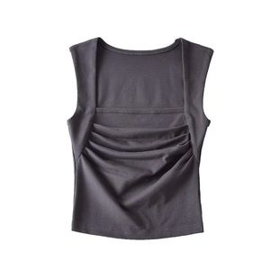 Low-cut Square Collar Slim Pleated Short Sleeveless Top Dark Gray, Small──★